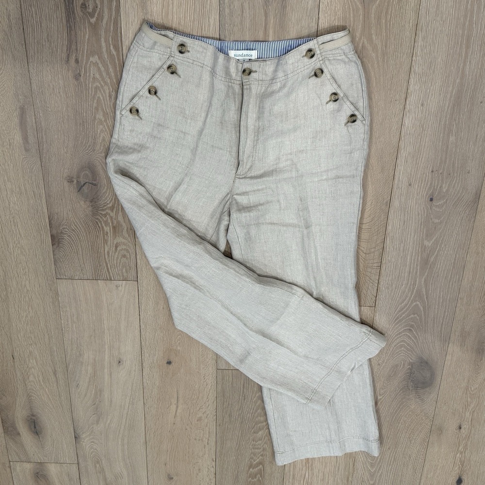 Sundance Oaklee Easy Pants 100% Linen Wide Leg Size 14 Sailor Buttons Nautical